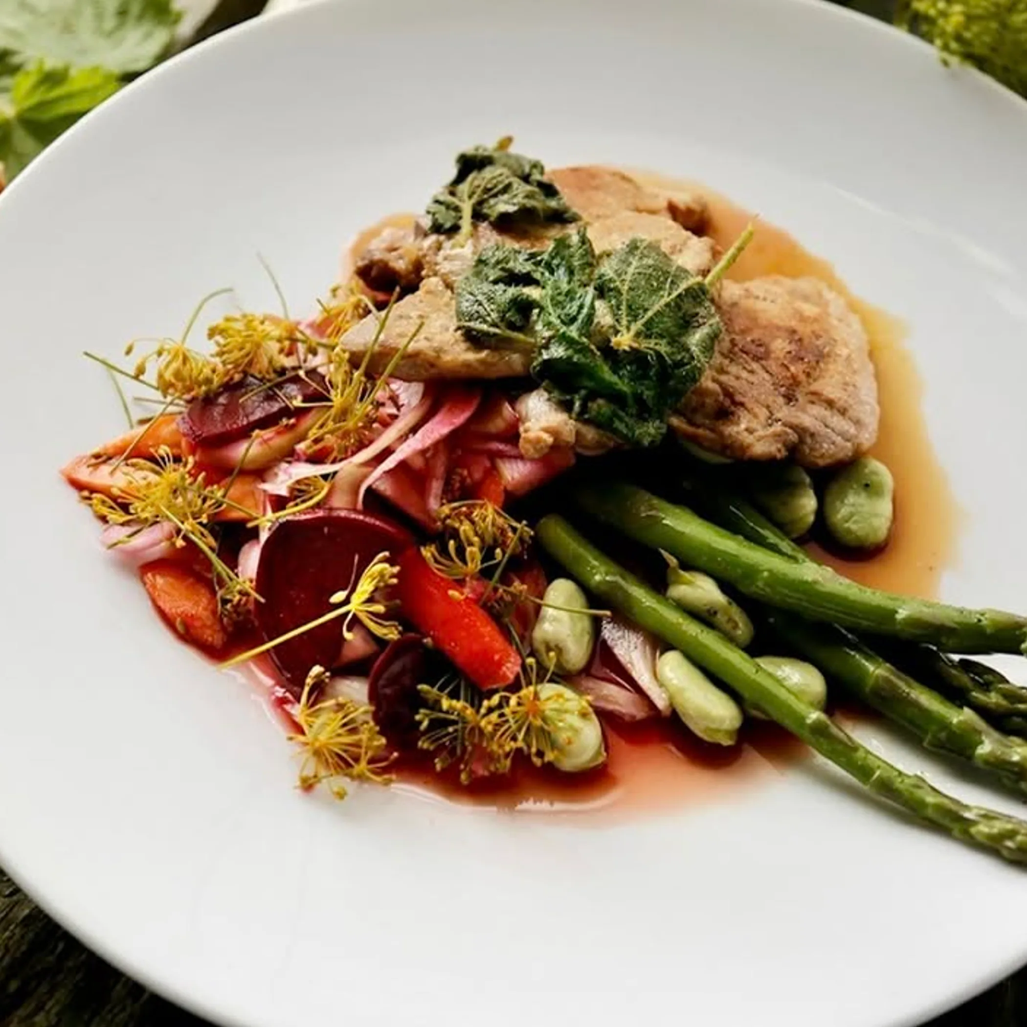 asparagus, broad beans, and seasonal produce